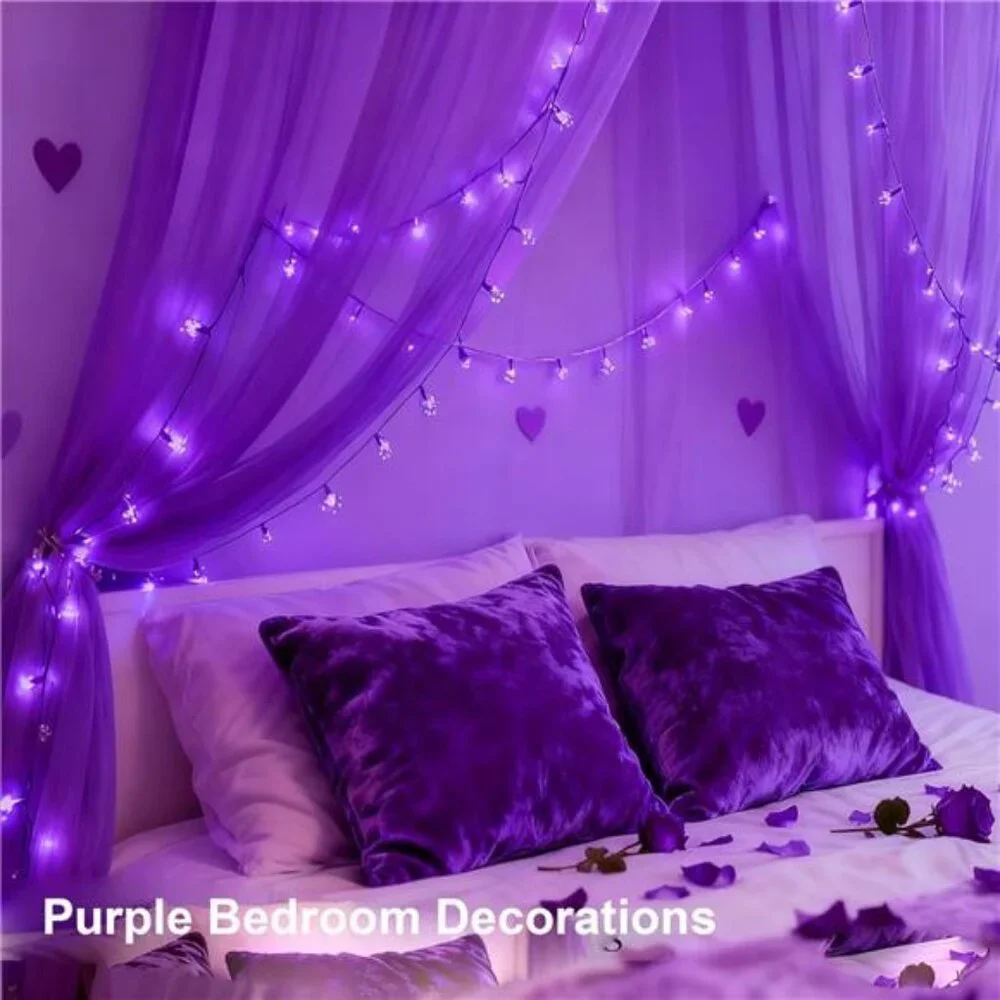 Purple Flower String Lights 33ft 100 LED Plug In Indoor Outdoor Bedroom Wedding